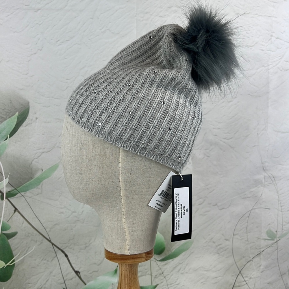 Carolyn Rowan Collection Faux Fur Pom-Pom & Embellished Knit Beanie Silver
